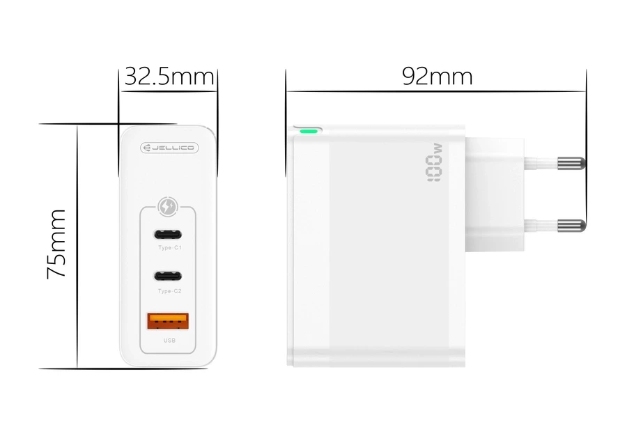 JELLICO wall charger C118 GaN PD 100W 2xUSB-C + 1xUSB QC3.0 + cable USB-C - Lightning White