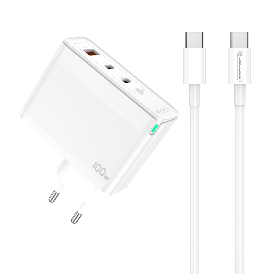 JELLICO wall charger C118 GaN PD 100W 2xUSB-C + 1xUSB QC3.0 + cable USB-C - USB-C White