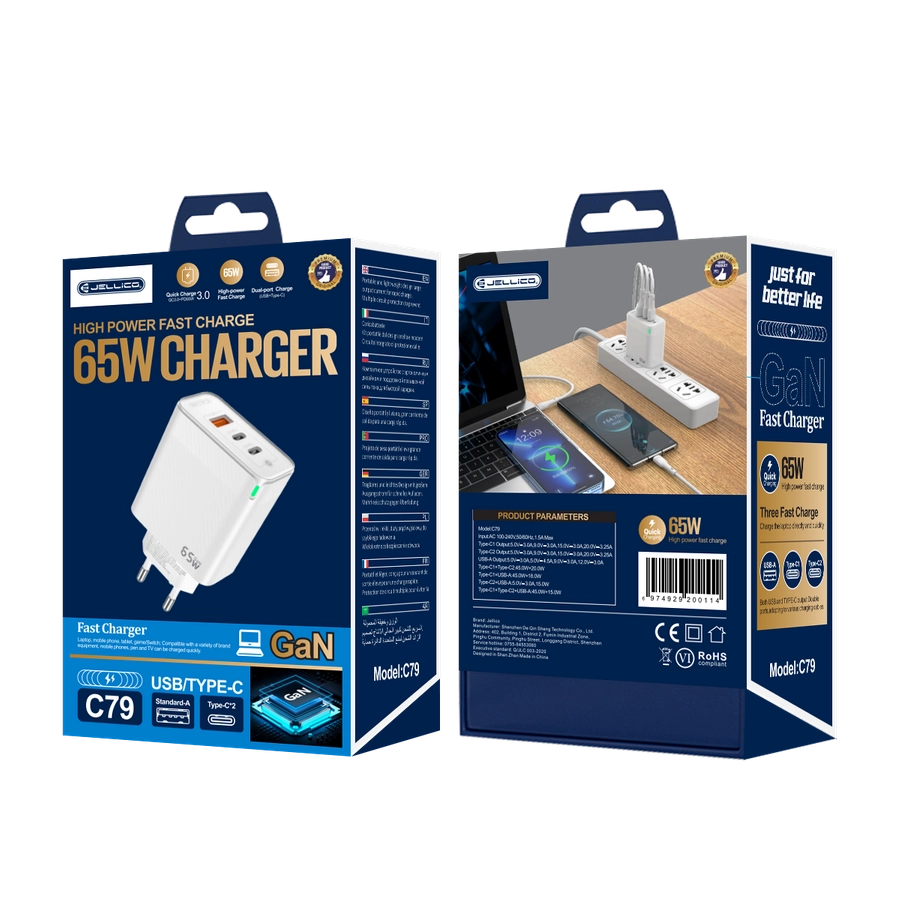 JELLICO wall charger C79 GaN PD 65W 2xUSB-C + 1xUSB QC3.0 White