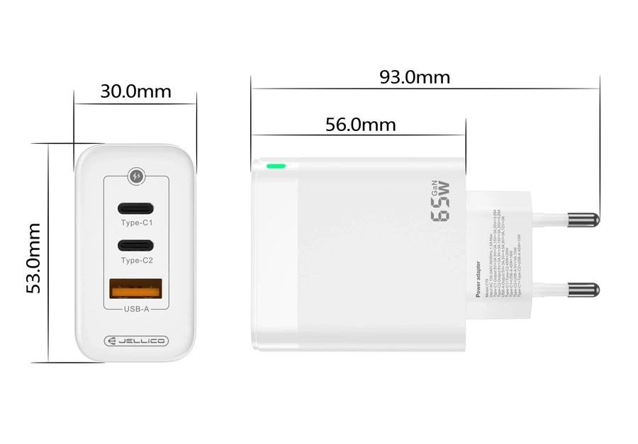 JELLICO wall charger C79 GaN PD 65W 2xUSB-C + 1xUSB QC3.0 White