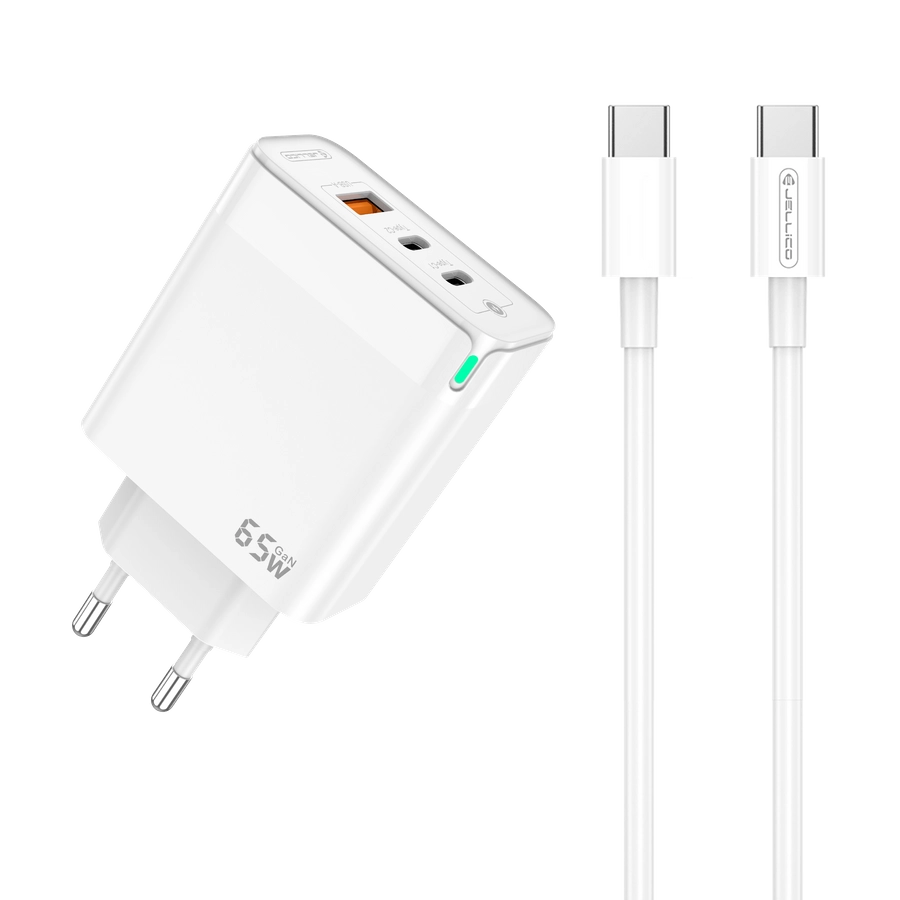 JELLICO wall charger C79 GaN PD 65W 2xUSB-C + 1xUSB QC3.0 + cable USB-C - USB-C White