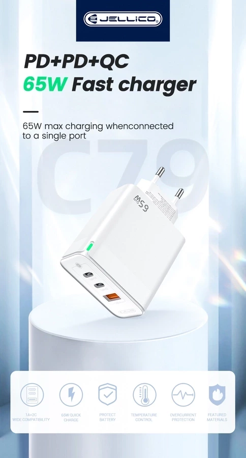 JELLICO wall charger C79 GaN PD 65W 2xUSB-C + 1xUSB QC3.0 + cable USB-C - USB-C White