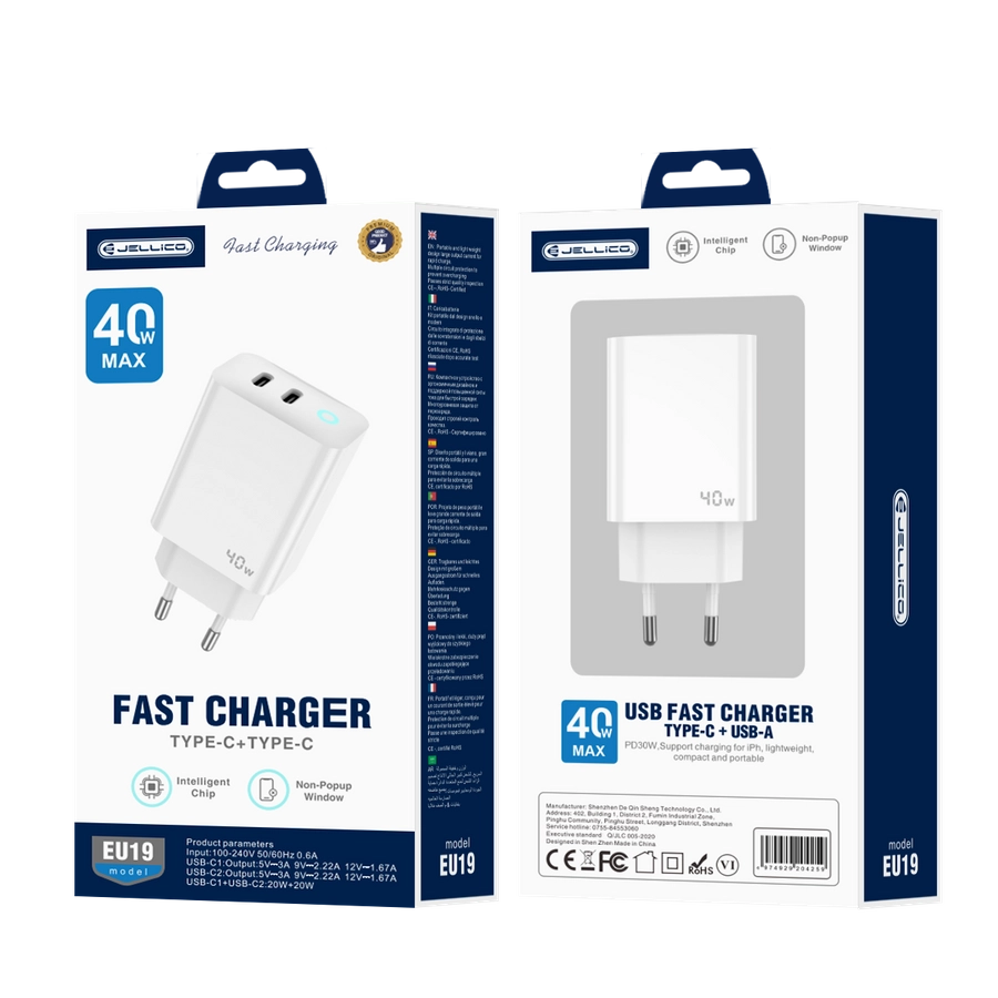 JELLICO wall charger EU19 GaN PD 40W 2xUSB-C White