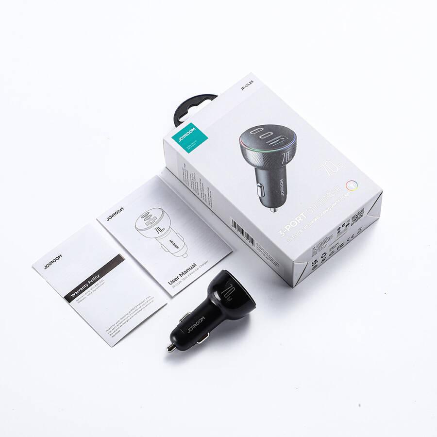 JOYROOM CAR CHARGER 70W WITH 3 PORTS: USB, 2 X USB C BLACK (JR-CL26)