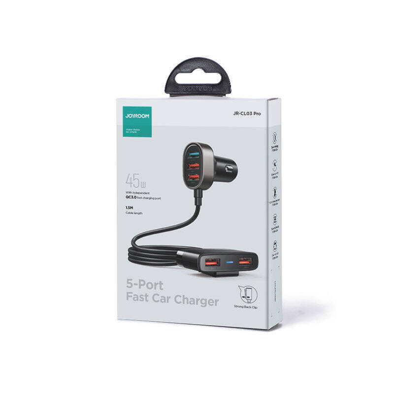 JOYROOM FAST CAR CHARGER WITH EXTENSION CABLE 45W 5XUSB-A BLACK (JR-CL03 PRO)