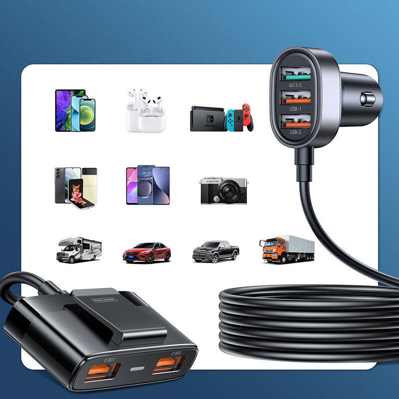 JOYROOM FAST CAR CHARGER WITH EXTENSION CABLE 45W 5XUSB-A BLACK (JR-CL03 PRO)