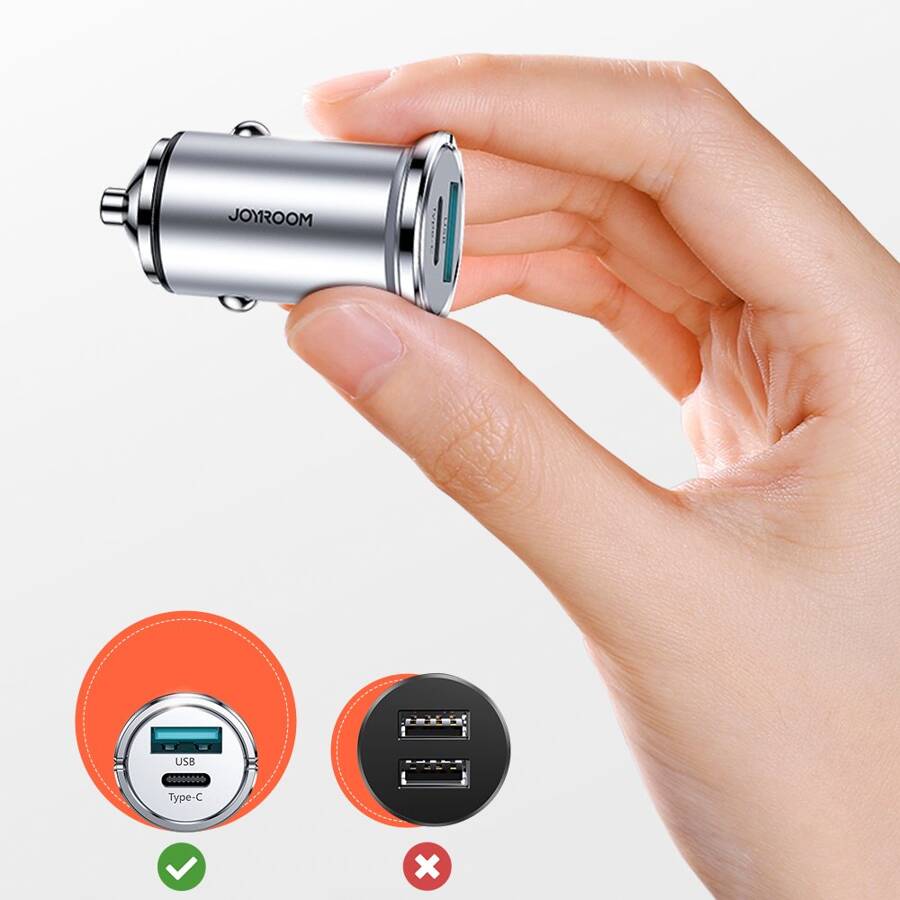 JOYROOM MINI DUAL PORT USB TYPE C / USB 20 W 5 A SMART CAR CHARGER POWER DELIVERY QUICK CHARGE 3.0 AFC SCP GRAY (C-A45)