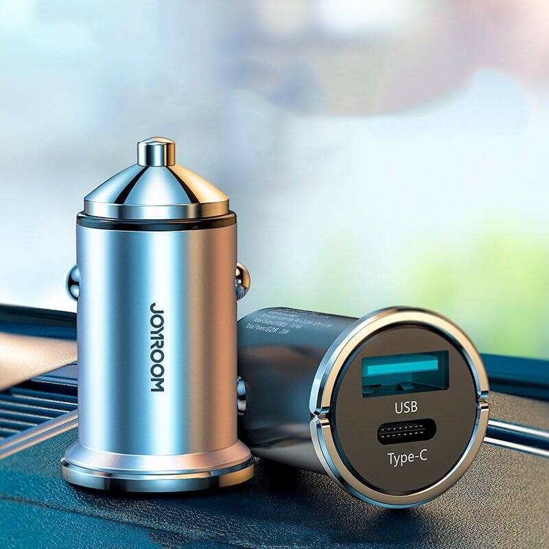 JOYROOM MINI DUAL PORT USB TYPE C / USB 20 W 5 A SMART CAR CHARGER POWER DELIVERY QUICK CHARGE 3.0 AFC SCP GRAY (C-A45)