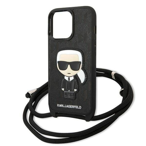 KARL LAGERFELD KLHCP13LCMNIPK IPHONE 13 PRO / 13 6.1 "HARDCASE CZARNY / BLACK LEATHER MONOGRAM PATCH AND CORD ICONIK