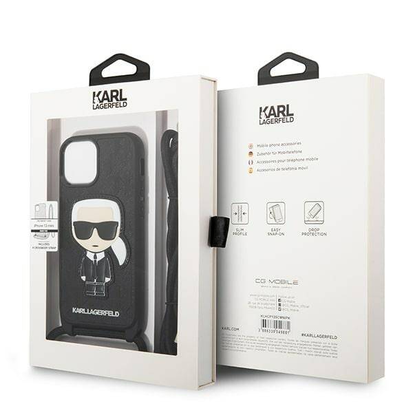 KARL LAGERFELD KLHCP13SCMNIPK IPHONE 13 MINI 5.4 "HARDCASE CZARNY/BLACK LEATHER MONOGRAM PATCH AND CORD ICONIK