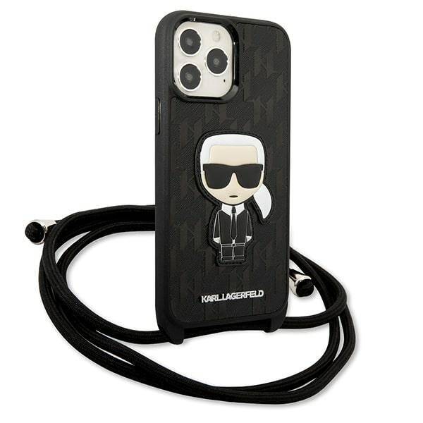 KARL LAGERFELD KLHCP13XCMNIPK IPHONE 13 PRO MAX 6.7 "HARDCASE CZARNY/BLACK LEATHER MONOGRAM PATCH AND CORD ICONIK