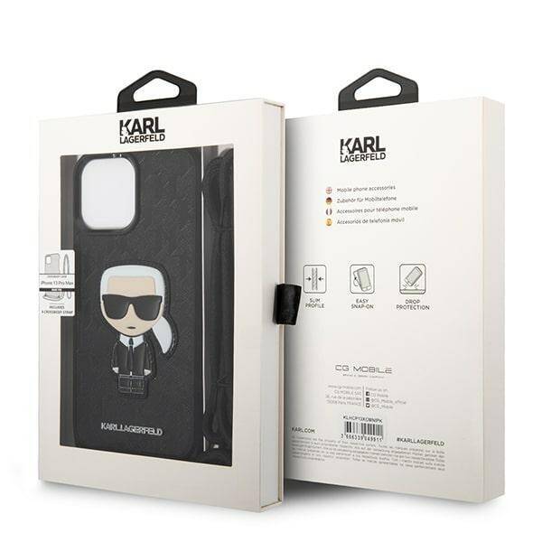 KARL LAGERFELD KLHCP13XCMNIPK IPHONE 13 PRO MAX 6.7 "HARDCASE CZARNY/BLACK LEATHER MONOGRAM PATCH AND CORD ICONIK