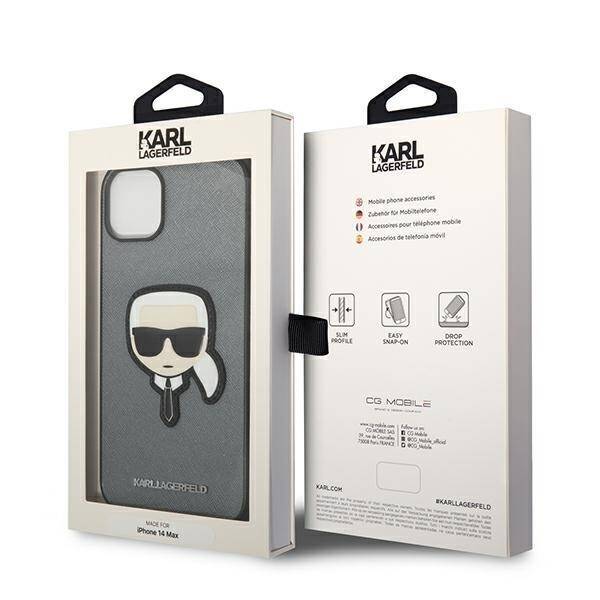 KARL LAGERFELD KLHCP14MSAPKHG IPHONE 14 PLUS / 15 PLUS 6.7 "SREBRRY / SILVER HARDCASE SAFFIANO KARL`S HEAD PATCH