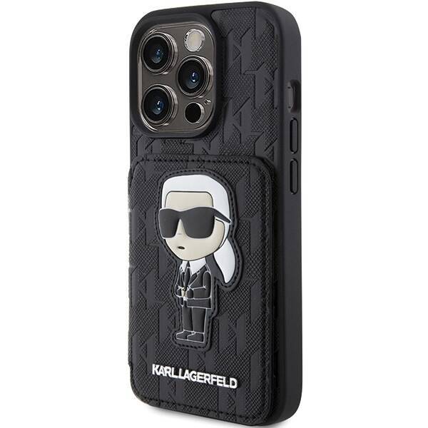 KARL LAGERFELD KLHCP15LSAKKNSCK IPHONE 15 PRO 6.1 "BLACK/BLACK HARDCASE SAFFIANO CARDSLOTS AND STAND MONOGRAM IKONIK PATCH