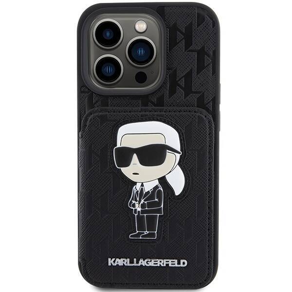 KARL LAGERFELD KLHCP15LSAKKNSCK IPHONE 15 PRO 6.1 "BLACK/BLACK HARDCASE SAFFIANO CARDSLOTS AND STAND MONOGRAM IKONIK PATCH