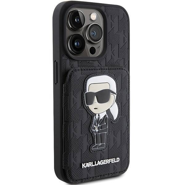 KARL LAGERFELD KLHCP15LSAKKNSCK IPHONE 15 PRO 6.1 "BLACK/BLACK HARDCASE SAFFIANO CARDSLOTS AND STAND MONOGRAM IKONIK PATCH