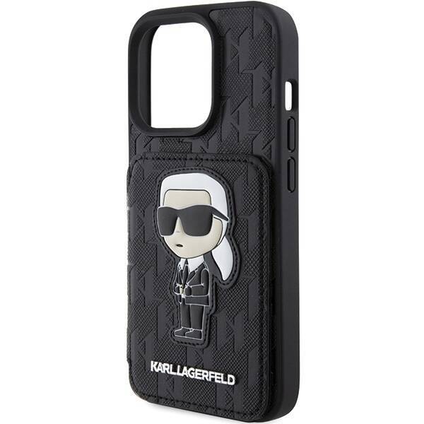 KARL LAGERFELD KLHCP15LSAKKNSCK IPHONE 15 PRO 6.1 "BLACK/BLACK HARDCASE SAFFIANO CARDSLOTS AND STAND MONOGRAM IKONIK PATCH