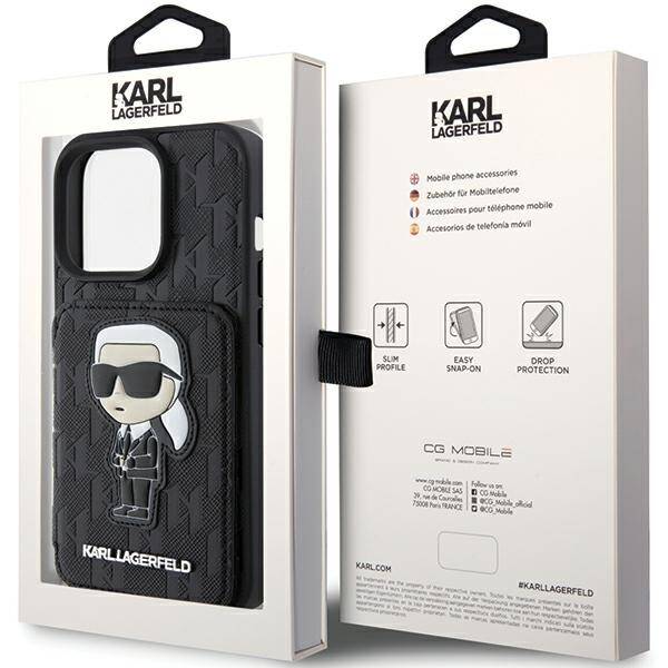 KARL LAGERFELD KLHCP15LSAKKNSCK IPHONE 15 PRO 6.1 "BLACK/BLACK HARDCASE SAFFIANO CARDSLOTS AND STAND MONOGRAM IKONIK PATCH