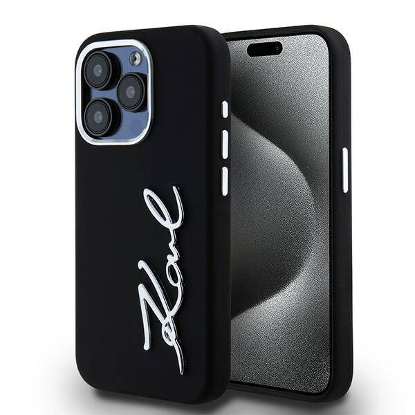 KARL LAGERFELD KLHCP15LSCMSMVK IPHONE 15 PRO 6.1" BLACK/BLACK HARDCASE SILICONE METAL SCRIPT LOGO