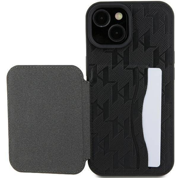 KARL LAGERFELD KLHCP15SSAKCNSCK IPHONE 15/14/13 6.1 "BLACK / BLACK HARDCASE SAFFIANO CARDSLOTS AND STAND MONOGRAM CHUPETTE