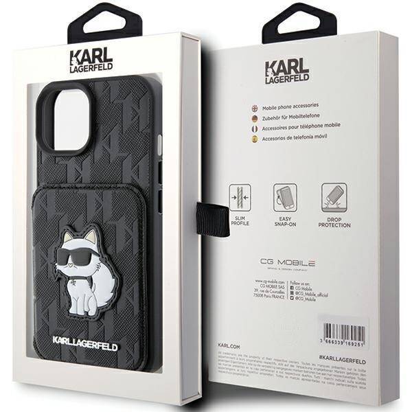 KARL LAGERFELD KLHCP15SSAKCNSCK IPHONE 15/14/13 6.1 "BLACK / BLACK HARDCASE SAFFIANO CARDSLOTS AND STAND MONOGRAM CHUPETTE