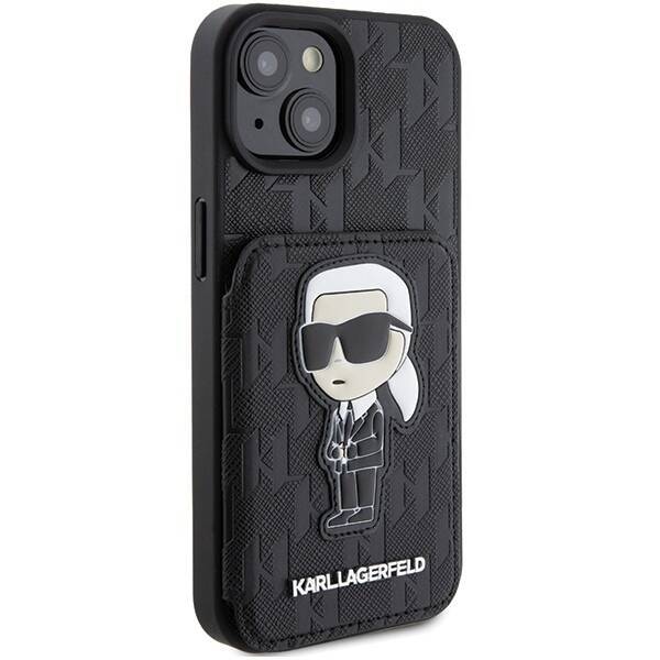 KARL LAGERFELD KLHCP15SSAKKNSCK IPHONE 15/14/13 6.1 "BLACK / BLACK HARDCASE SAFFIANO CARDSLOTS AND STAND MONOGRAM IKONIK PATCH