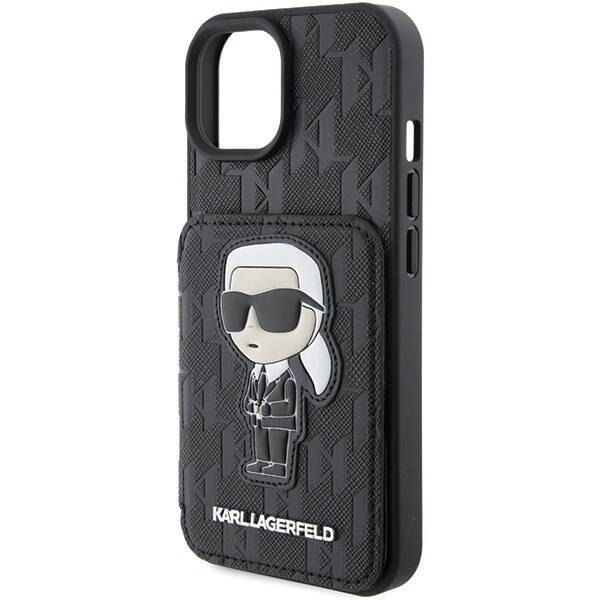 KARL LAGERFELD KLHCP15SSAKKNSCK IPHONE 15/14/13 6.1 "BLACK / BLACK HARDCASE SAFFIANO CARDSLOTS AND STAND MONOGRAM IKONIK PATCH