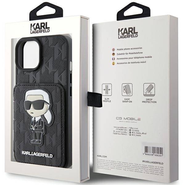 KARL LAGERFELD KLHCP15SSAKKNSCK IPHONE 15/14/13 6.1 "BLACK / BLACK HARDCASE SAFFIANO CARDSLOTS AND STAND MONOGRAM IKONIK PATCH