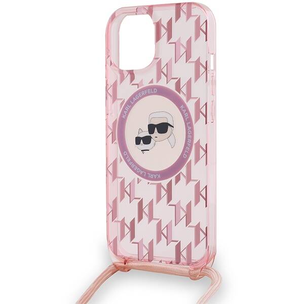 KARL LAGERFELD KLHMP15SHCKCKLCP IPHONE 15 / 14 / 13 6.1" PINK/PINK HARDCASE IML CROSSBODY MONOGRAM KARL & CHOUPETTE HEAD MAGSAFE