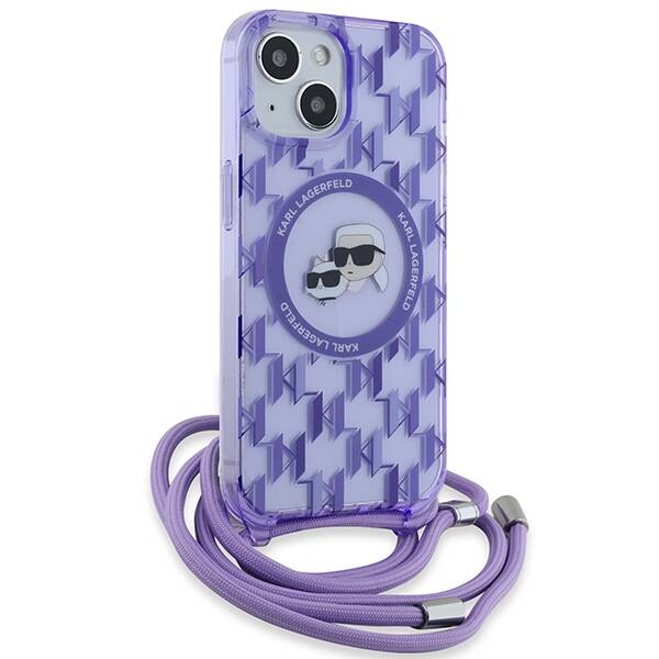 KARL LAGERFELD KLHMP15SHCKCKLCU IPHONE 15 / 14 / 13 6.1" PURPLE/PURPLE HARDCASE IML CROSSBODY MONOGRAM KARL & CHOUPETTE HEAD MAGSAFE