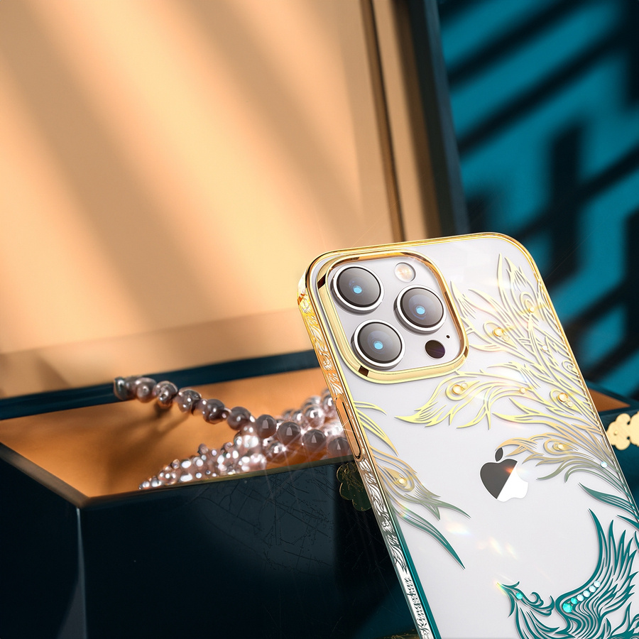 LUXURY IPHONE 14 CASE WITH KINGXBAR PHOENIX CRYSTALS - GOLD AND BLUE