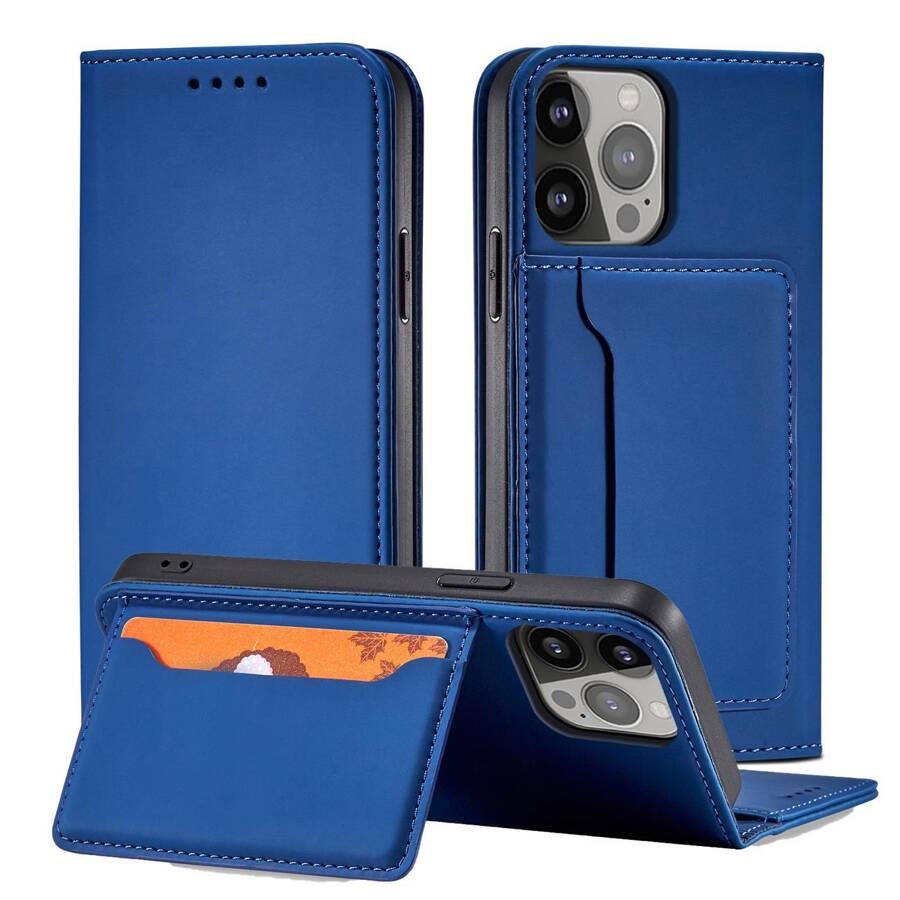 MAGNET CARD CASE CASE FOR IPHONE 14 FLIP COVER WALLET STAND BLUE