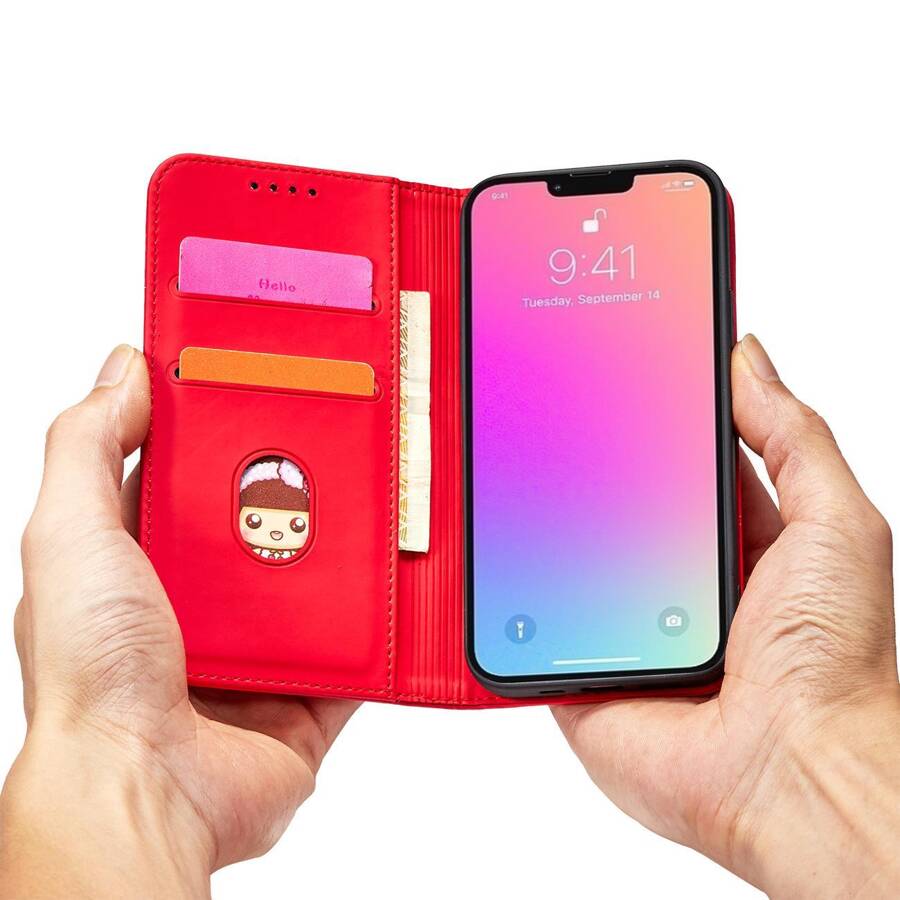 MAGNET CARD CASE CASE FOR IPHONE 14 FLIP COVER WALLET STAND RED