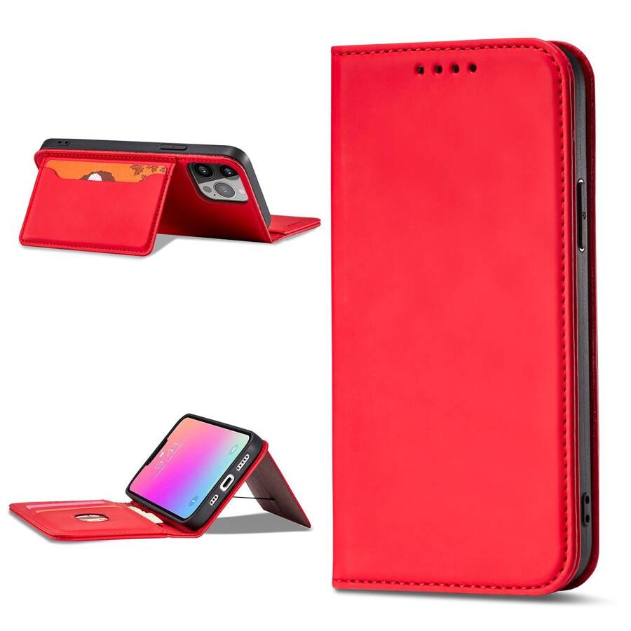 MAGNET CARD CASE CASE FOR IPHONE 14 FLIP COVER WALLET STAND RED