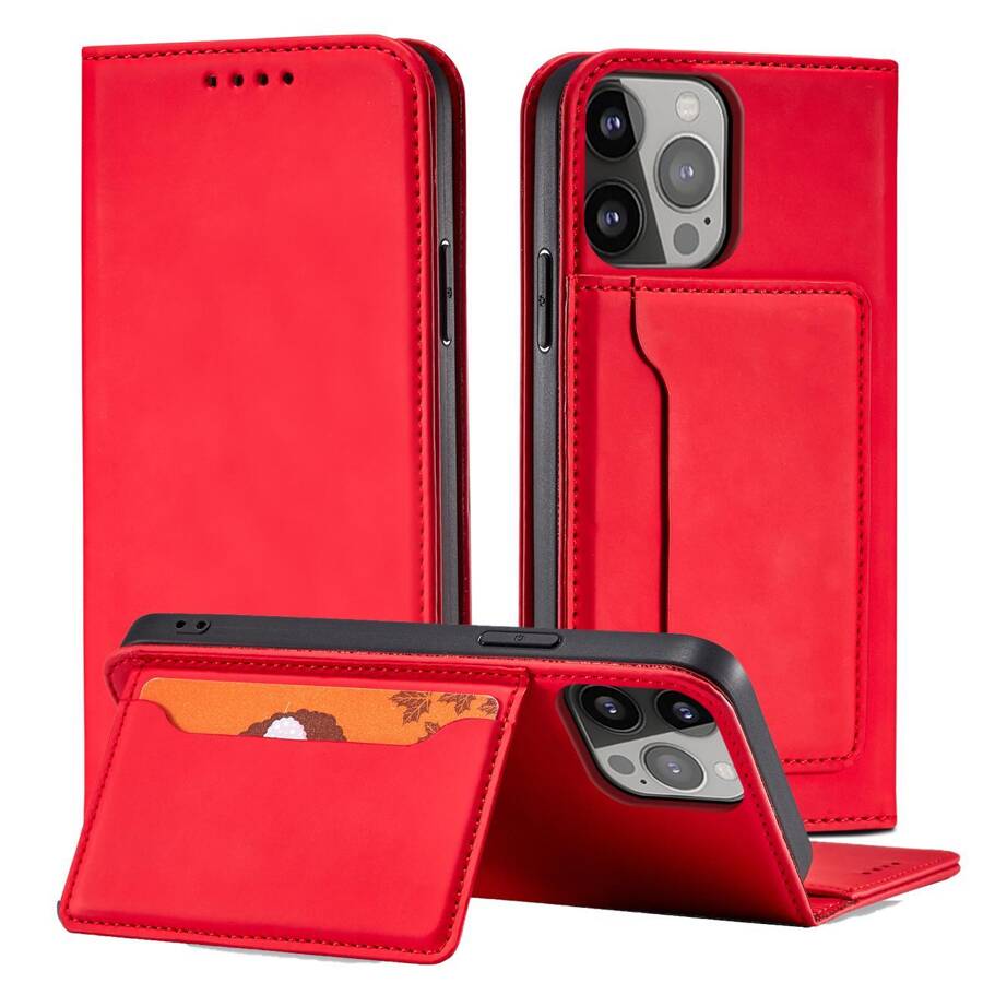 MAGNET CARD CASE CASE FOR IPHONE 14 FLIP COVER WALLET STAND RED