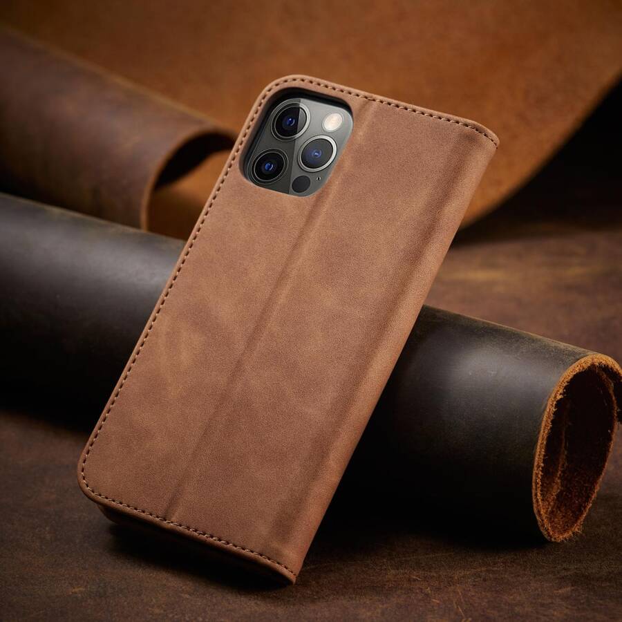 MAGNET FANCY CASE CASE FOR IPHONE 12 PRO POUCH CARD WALLET CARD STAND BROWN