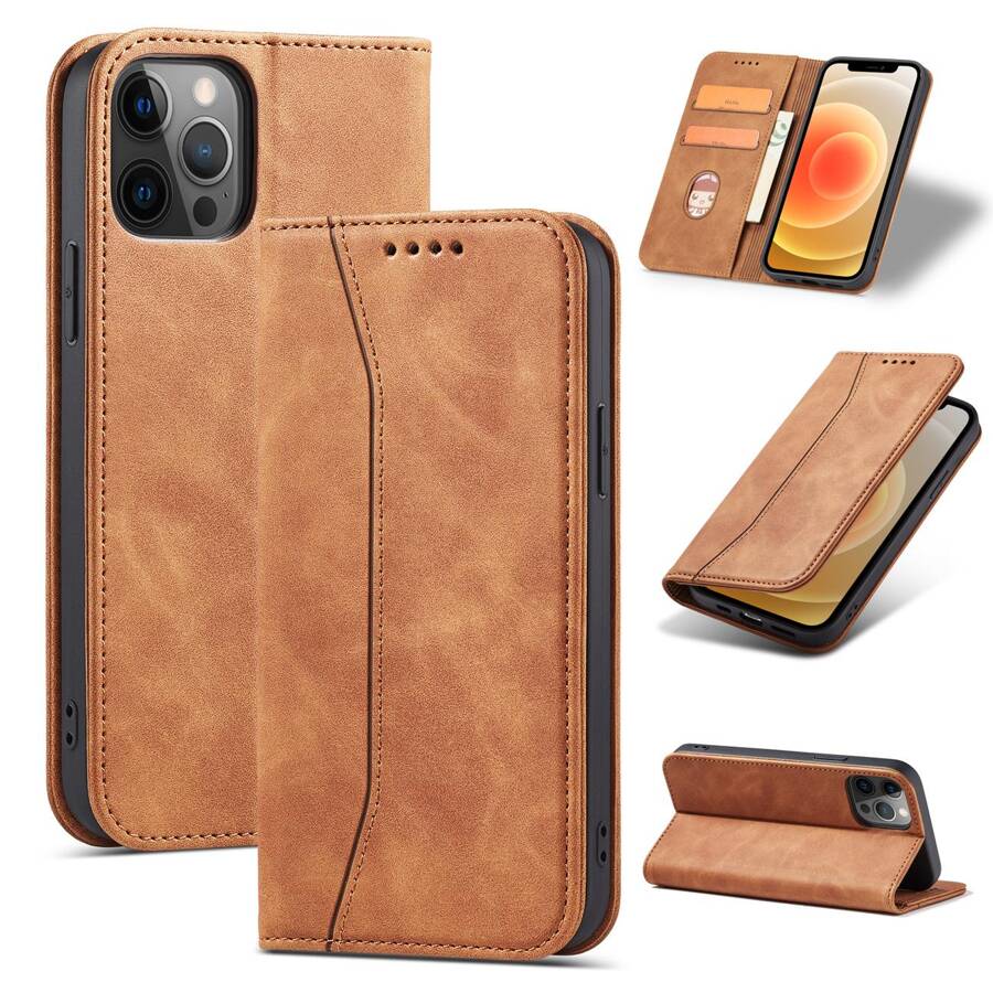 MAGNET FANCY CASE CASE FOR IPHONE 12 PRO POUCH CARD WALLET CARD STAND BROWN