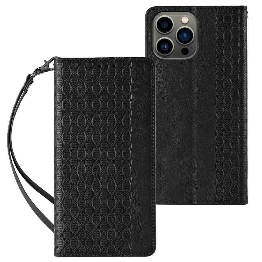 MAGNET STRAP CASE CASE FOR IPHONE 14 PLUS FLIP WALLET MINI LANYARD STAND BLACK