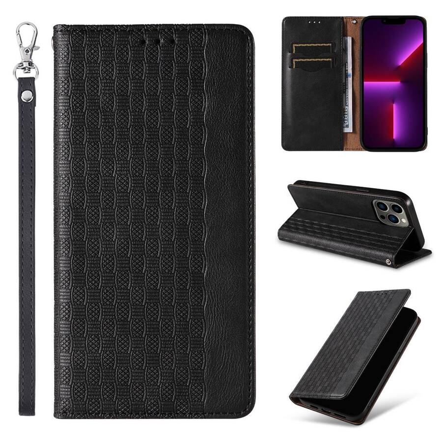 MAGNET STRAP CASE CASE FOR IPHONE 14 PLUS FLIP WALLET MINI LANYARD STAND BLACK