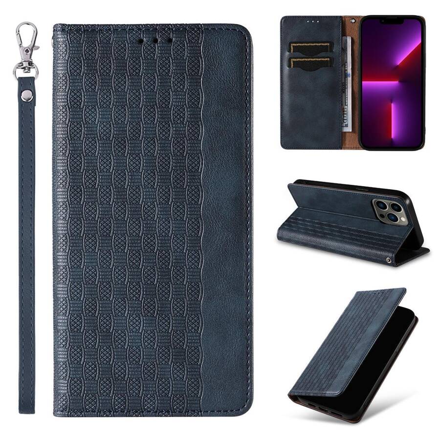 MAGNET STRAP CASE CASE FOR IPHONE 14 PRO MAX FLIP WALLET MINI LANYARD STAND BLUE