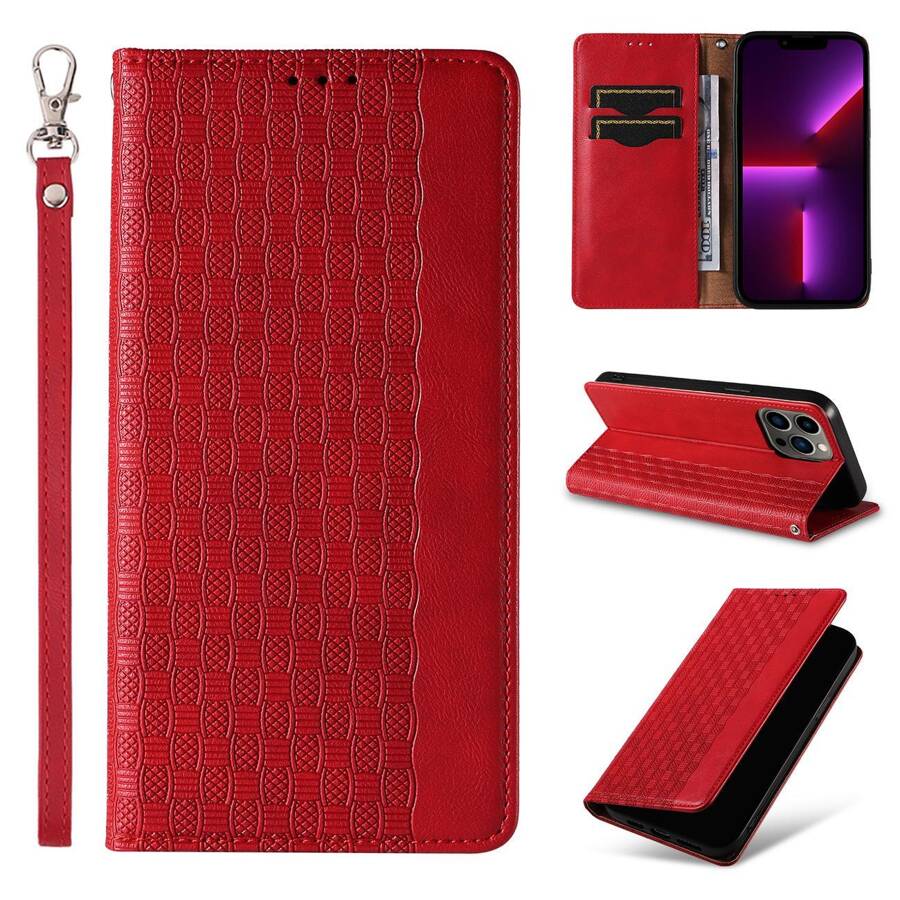 MAGNET STRAP CASE FOR IPHONE 12 PRO POUCH WALLET + MINI LANYARD PENDANT RED