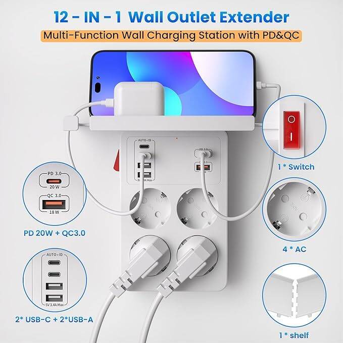 PD20W SOCKET WITH SWITCH, WALL POWER STRIP WITH QUICK CHARGE PD3.0 AND QC18W, MULTIPLE PLUG 4 SOCKETS PLUG WHITE