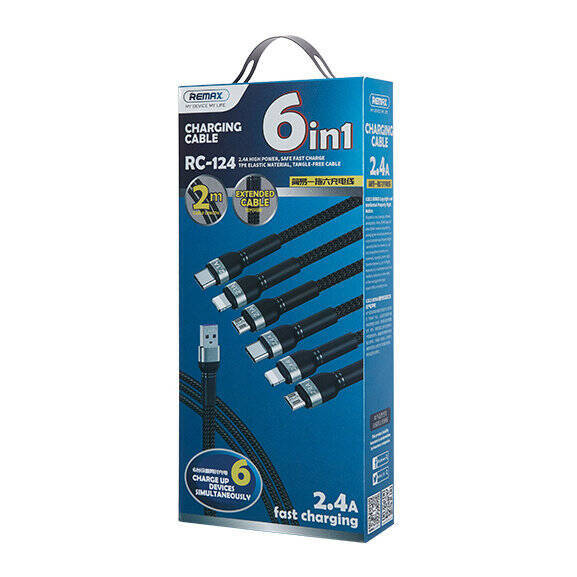 REMAX JANY SERIES MULTI-FUNCTIONAL 6IN1 USB CABLE - MICRO USB + USB TYPE C + LIGHTNING / MICRO USB + USB TYPE C + LIGHTNING 2M BLACK (RC-124)