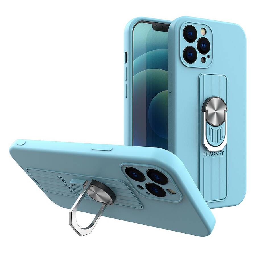 RING CASE SILICONE CASE WITH FINGER GRIP AND STAND FOR IPHONE 11 PRO LIGHT BLUE