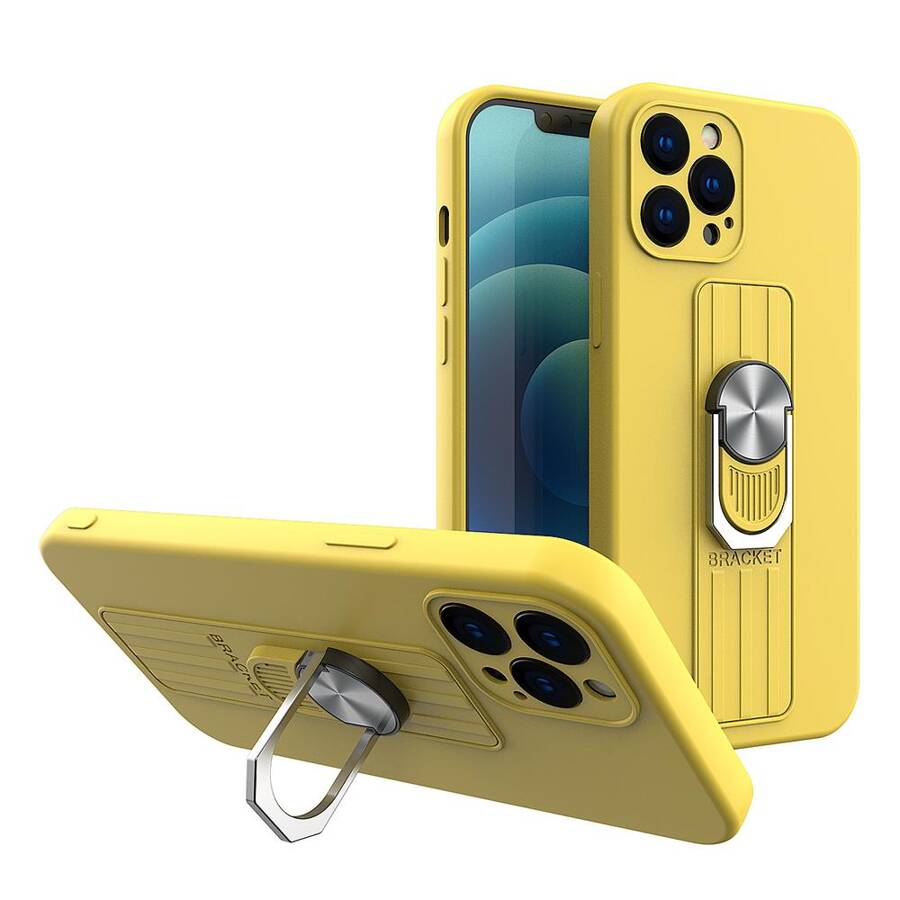 RING CASE SILICONE CASE WITH FINGER GRIP AND STAND FOR IPHONE 11 PRO MAX YELLOW