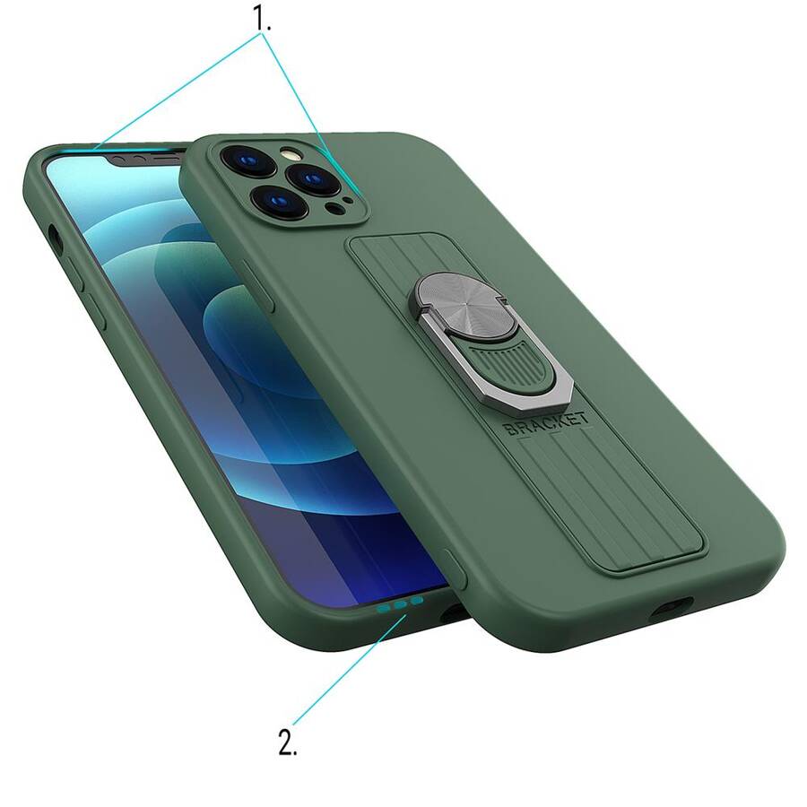 RING CASE SILICONE CASE WITH FINGER GRIP AND STAND FOR IPHONE 12 MINI DARK GREEN