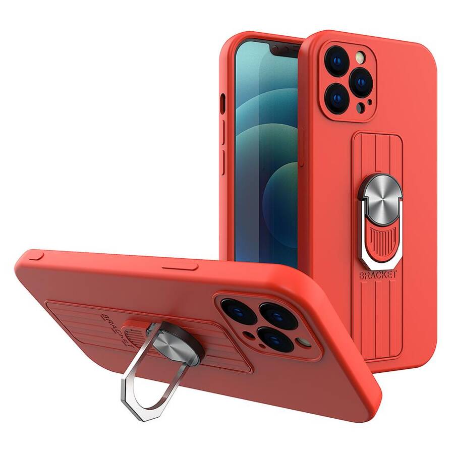 RING CASE SILICONE CASE WITH FINGER GRIP AND STAND FOR IPHONE 12 MINI RED