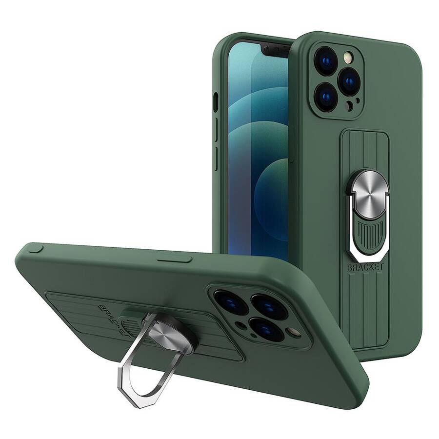 RING CASE SILICONE CASE WITH FINGER GRIP AND STAND FOR SAMSUNG GALAXY S21+ 5G (S21 PLUS 5G) DARK GREEN