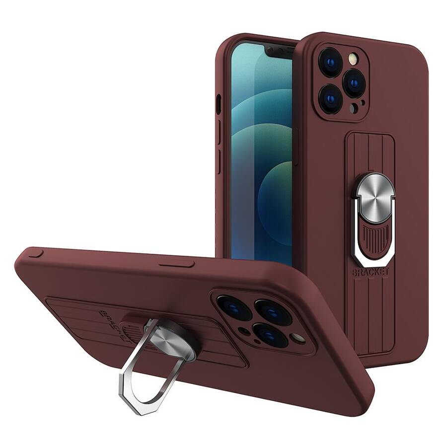 RING CASE SILICONE CASE WITH FINGER GRIP AND STAND FOR XIAOMI REDMI NOTE 10 5G / POCO M3 PRO BROWN