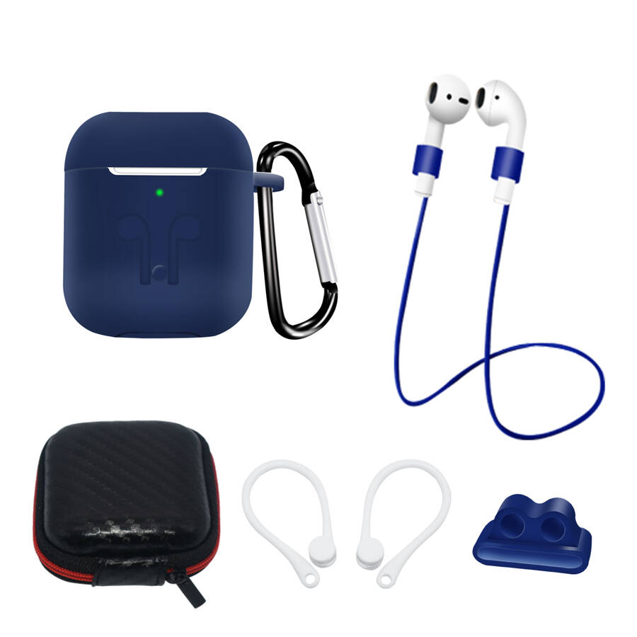 SILICONE CASE SET FOR AIRPODS 2 / AIRPODS 1 + CASE / EAR HOOK / NECK STRAP / WATCH STRAP HOLDER / CARABINER - BLUE